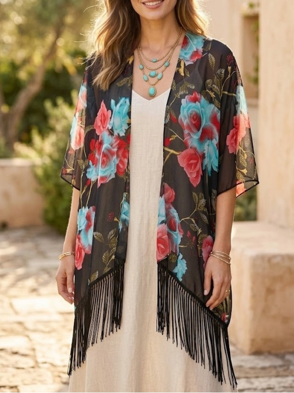 Southern Stitch Floral Fringe Kimono Cardigan Whimsigoth One Size OS